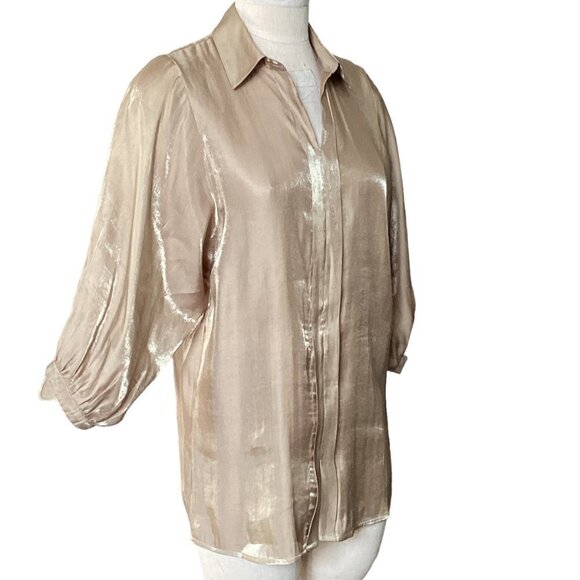 Chico's Gold Shimmer Tunic Top Sz 0 (S/4) Balloon Sleeve Collared 200M - Picture 3 of 7